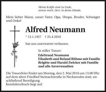 Traueranzeige von Alfred Neumann 
