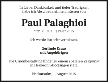 Traueranzeige von Paul Palaghioi 