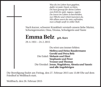 Traueranzeige von Emma Belz 