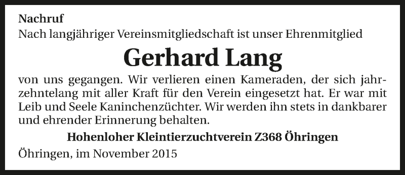  Traueranzeige für Gerhard Lang vom 24.11.2015 aus 