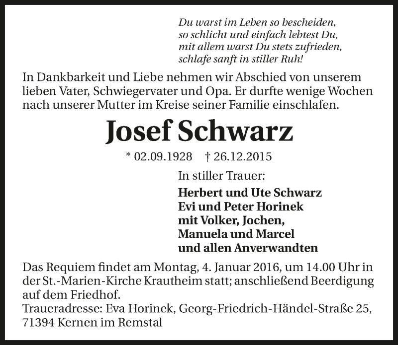  Traueranzeige für Josef Schwarz vom 31.12.2015 aus 
