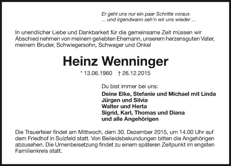  Traueranzeige für Heinz Wenninger vom 28.12.2015 aus 