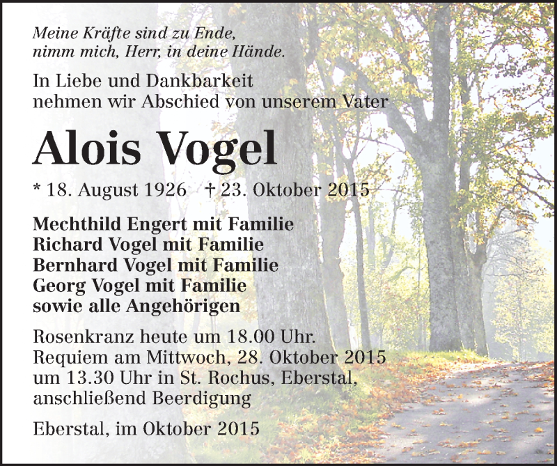  Traueranzeige für Alois Vogel vom 27.10.2015 aus 
