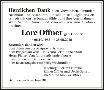 Traueranzeige von Lore Offner 