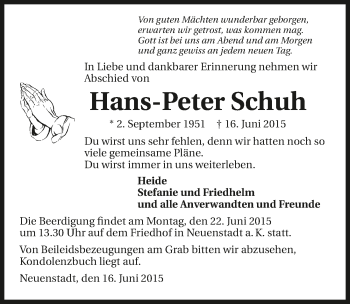Traueranzeige von Hans-Peter Schuh 
