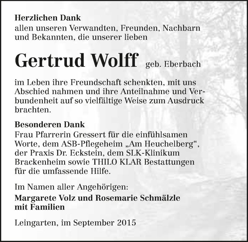  Traueranzeige für Gertrud Wolff vom 12.09.2015 aus 
