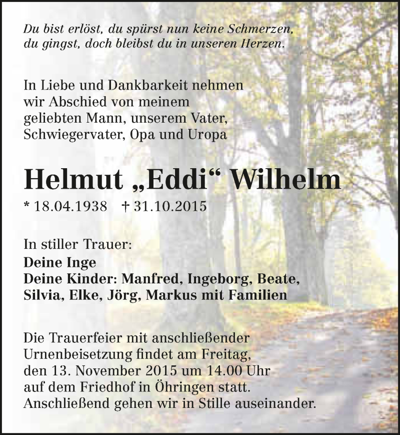 Traueranzeige für Helmut Wilhelm vom 10.11.2015 aus 