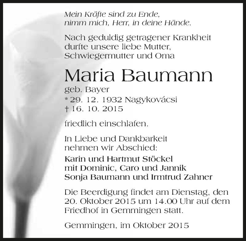  Traueranzeige für Maria Baumann vom 17.10.2015 aus 