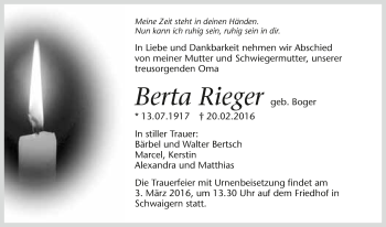 Traueranzeige von Berta Rieger 