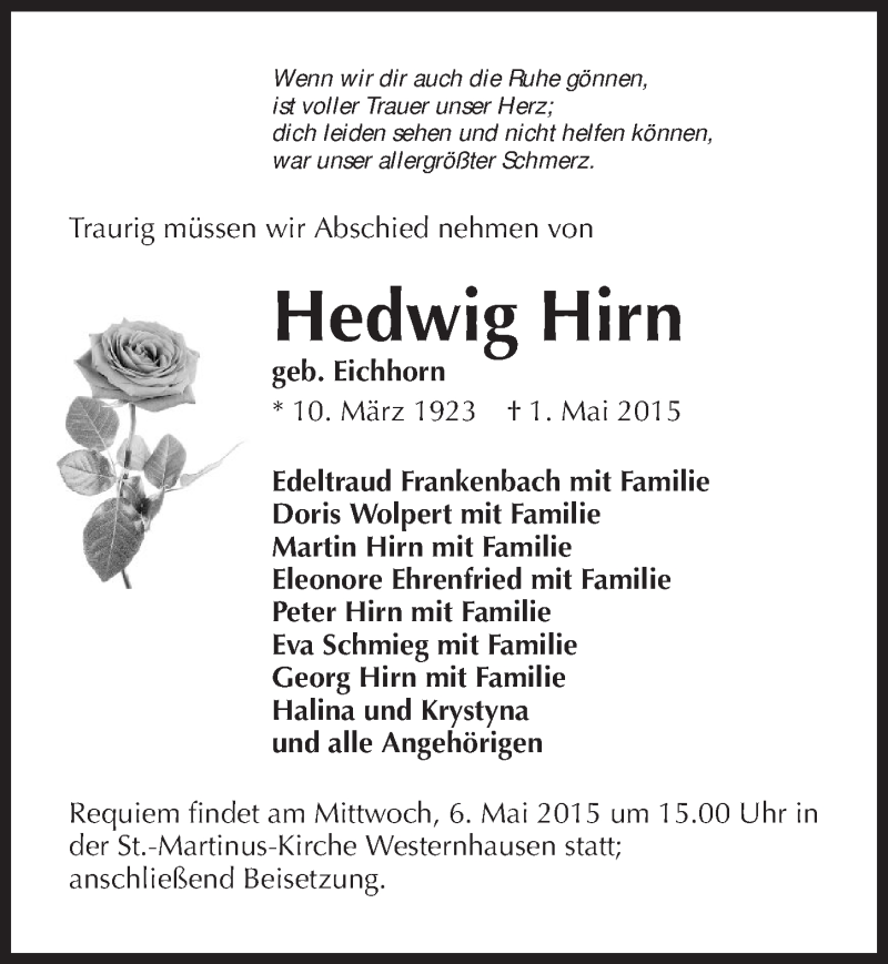  Traueranzeige für Hedwig Hirn vom 04.05.2015 aus 
