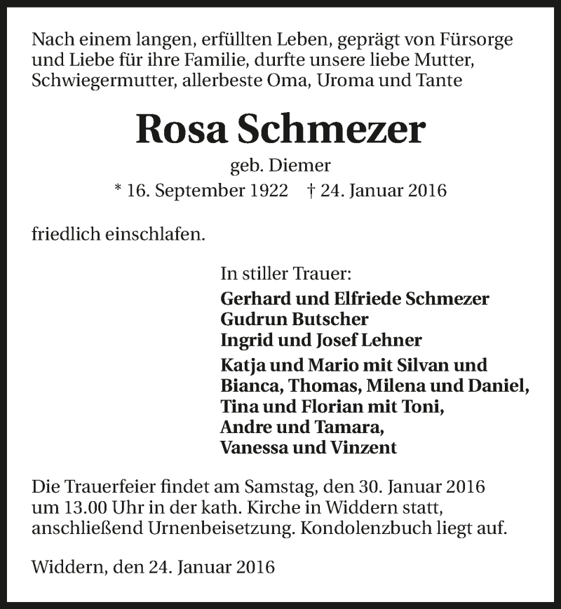 Traueranzeige für Rosa Schmezer vom 28.01.2016 aus 