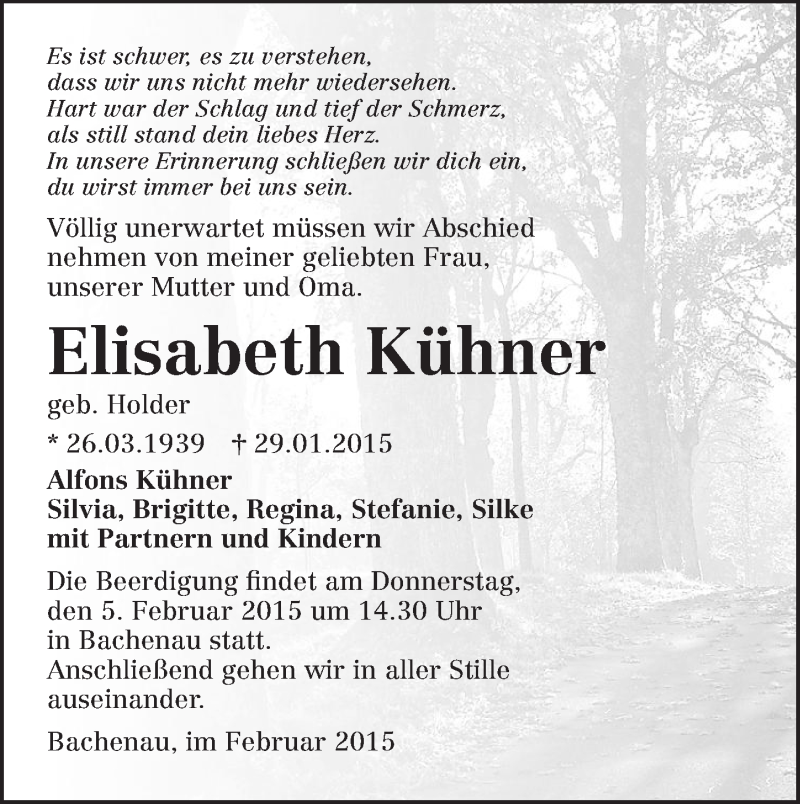  Traueranzeige für Elisabeth Kühner vom 02.02.2015 aus 