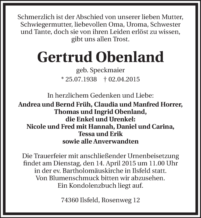  Traueranzeige für Gertrud Obenland vom 08.04.2015 aus 