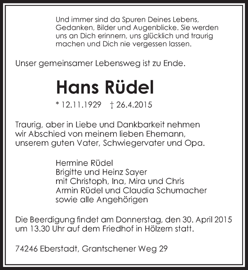  Traueranzeige für Hans Rüdel vom 27.04.2015 aus 