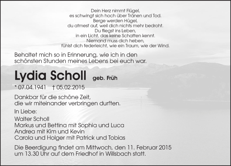  Traueranzeige für Lydia Scholl vom 07.02.2015 aus 