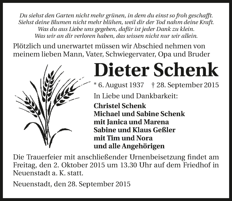  Traueranzeige für Dieter Schenk vom 30.09.2015 aus 