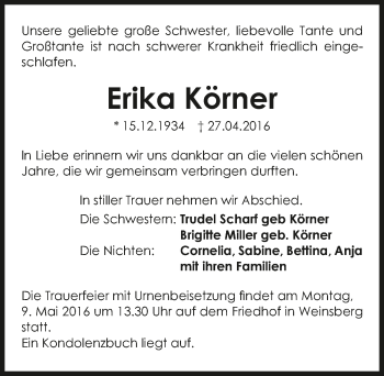 Traueranzeige von Erika Körner 