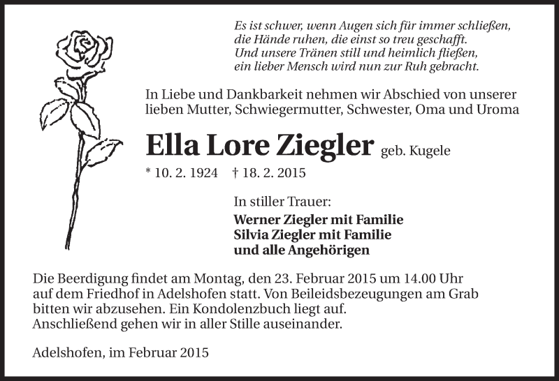  Traueranzeige für Ella Lore Ziegler vom 20.02.2015 aus 