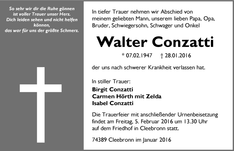  Traueranzeige für Walter Conzatti vom 02.02.2016 aus 