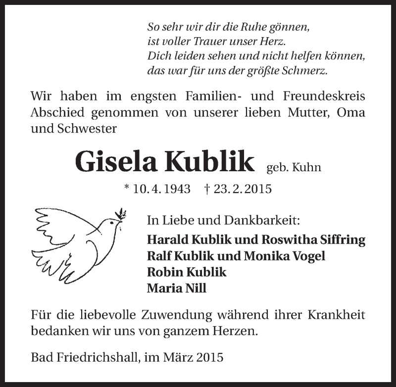 Traueranzeige für Gisela Kublik vom 03.03.2015 aus 