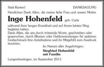 Traueranzeige von Inge Hohenfeld 
