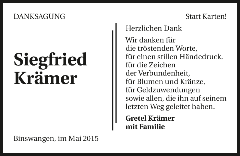  Traueranzeige für Siegfried Krämer vom 30.05.2015 aus 