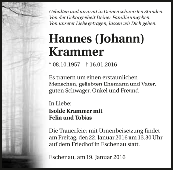 Traueranzeige von Hannes Krammer 