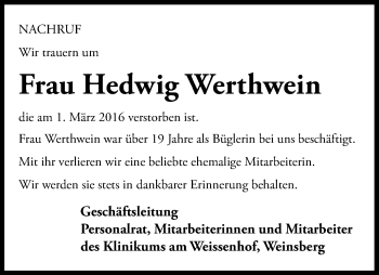 Traueranzeige von Hedwig Werthwein 