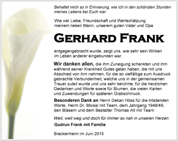 Traueranzeige von Gerhard Frank 