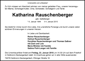 Traueranzeige von Katharina Rauschenberger 