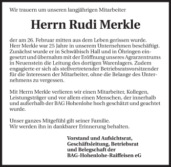 Traueranzeige von Rudi Merkle 