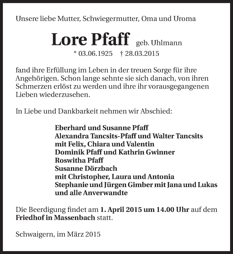  Traueranzeige für Lore Pfaff vom 31.03.2015 aus 