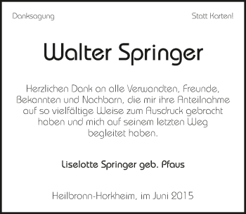 Traueranzeige von Walter Springer 