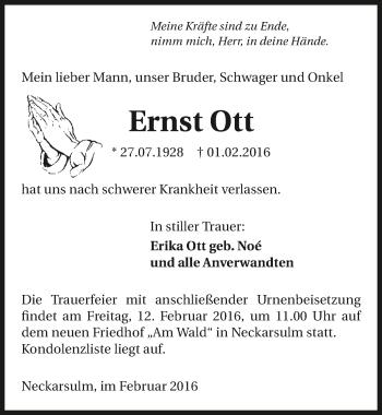 Traueranzeige von Ernst Ott 