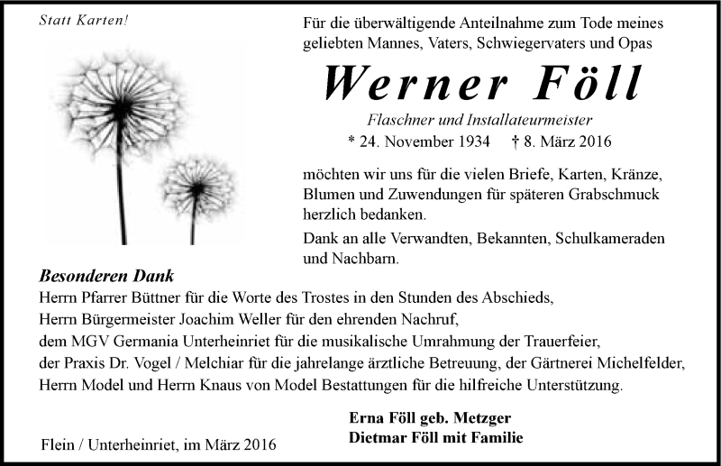  Traueranzeige für Werner Föll vom 26.03.2016 aus 