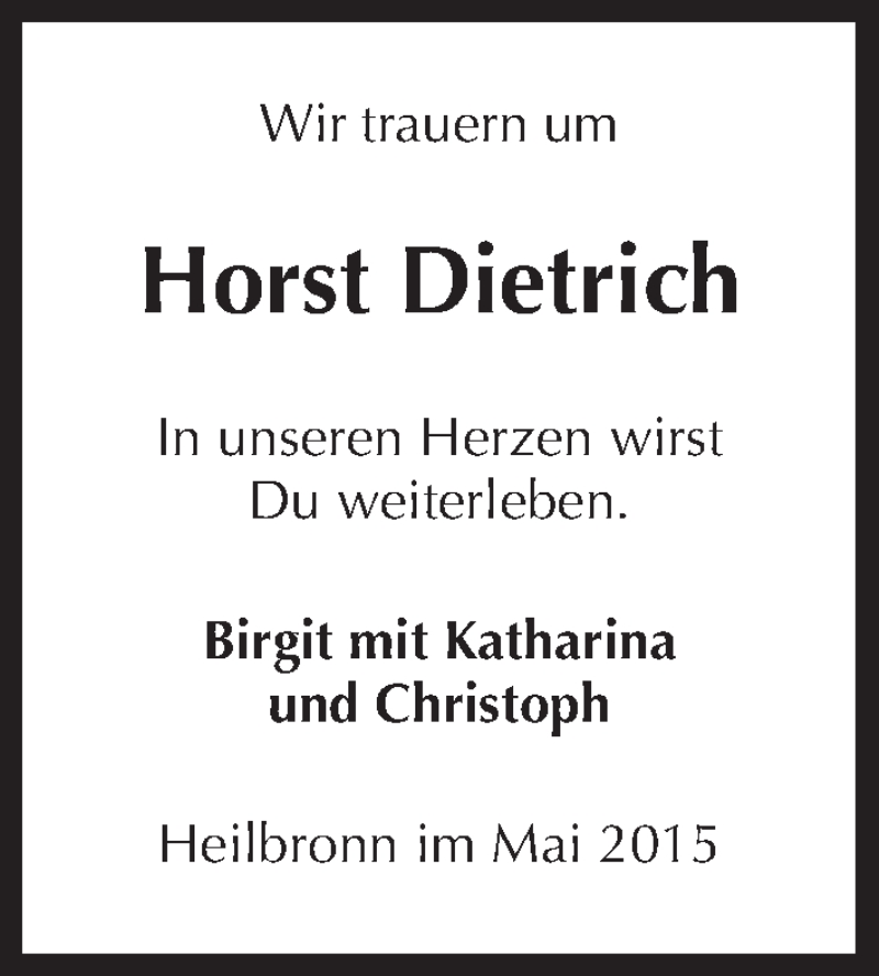  Traueranzeige für Horst Dietrich vom 15.05.2015 aus 