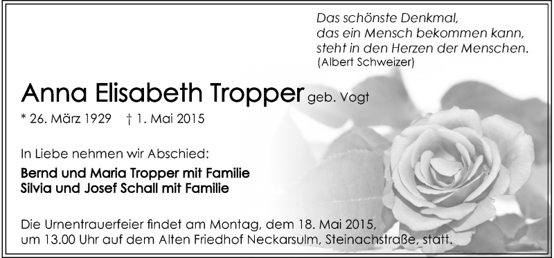  Traueranzeige für Anne Tropper vom 13.05.2015 aus 