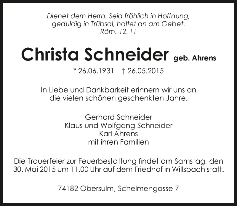  Traueranzeige für Christa Schneider vom 28.05.2015 aus 