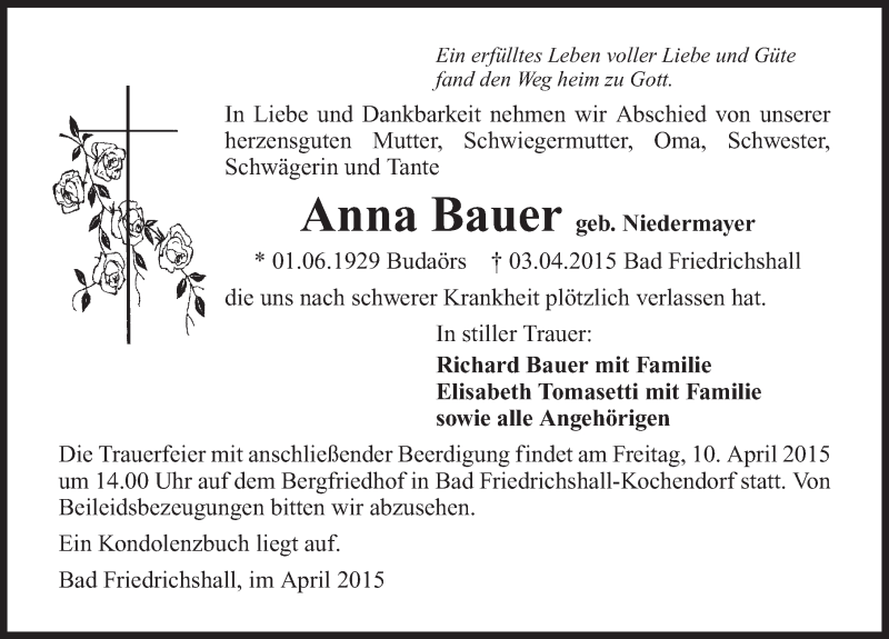  Traueranzeige für Anna Bauer vom 08.04.2015 aus 