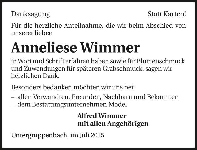  Traueranzeige für Anneliese Wimmer vom 25.07.2015 aus 