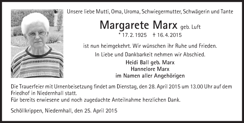  Traueranzeige für Margarete Marx vom 25.04.2015 aus 