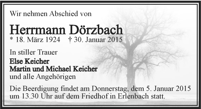 Traueranzeige für Herrmann Dörzbach vom 03.02.2015 aus 
