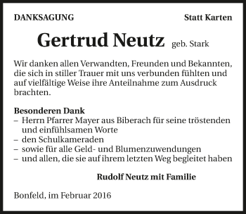 Traueranzeige von Gertrud Neutz 