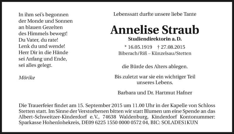  Traueranzeige für Annelise Straub vom 12.09.2015 aus 