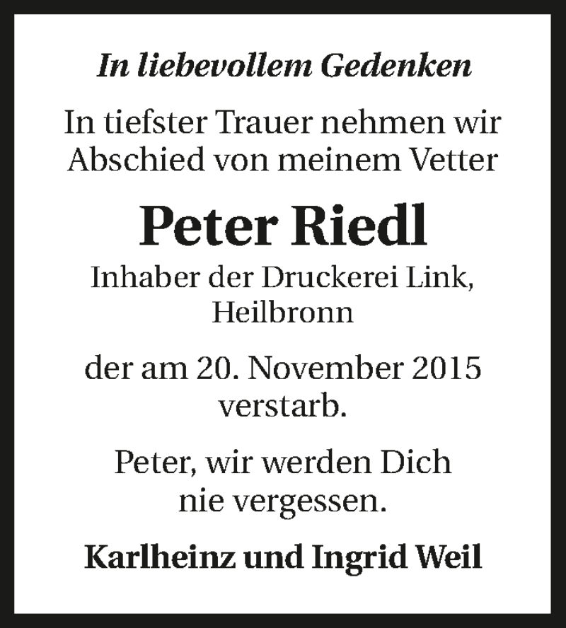  Traueranzeige für Peter Riedl vom 24.11.2015 aus 