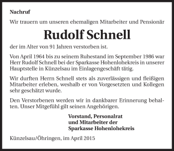 Traueranzeige von Rudolf Schnell 