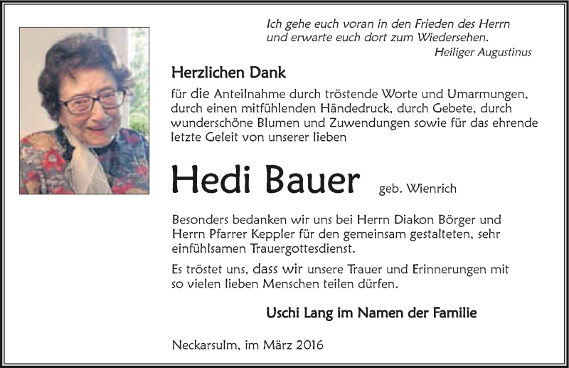  Traueranzeige für Hedwig Bauer vom 26.03.2016 aus 