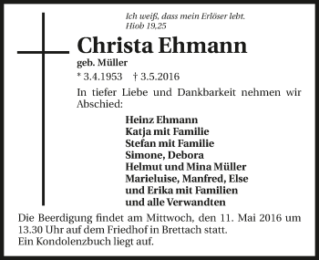 Traueranzeige von Christa Ehmann 