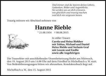 Traueranzeige von Hanne Rieble 