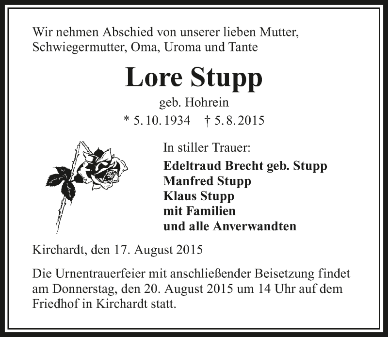  Traueranzeige für Lore Stupp vom 17.08.2015 aus 